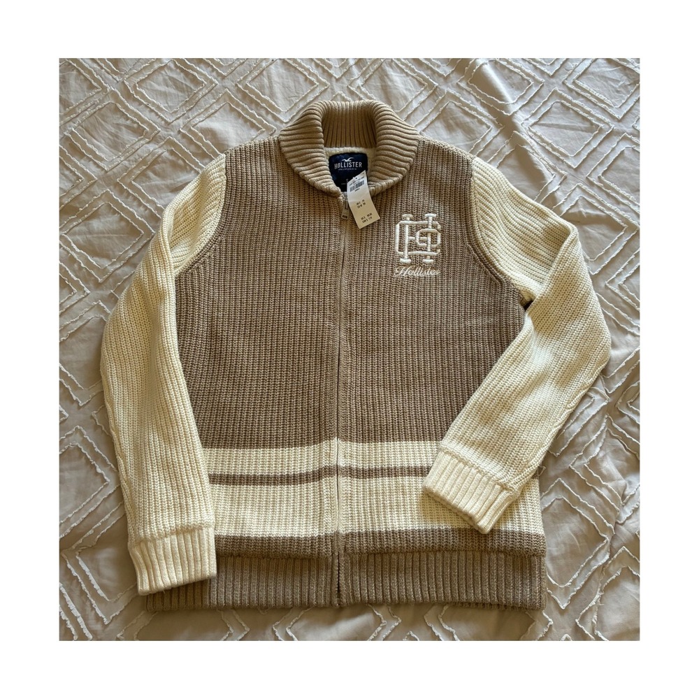 Hollister Mens Sherpa Lined Full Zip Sweater Tan Cream Mock Neck Small NEW